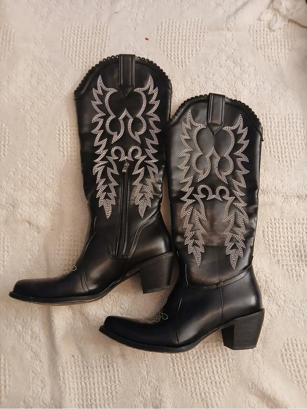 Black Embroidered Knee-High Western Boots - Women